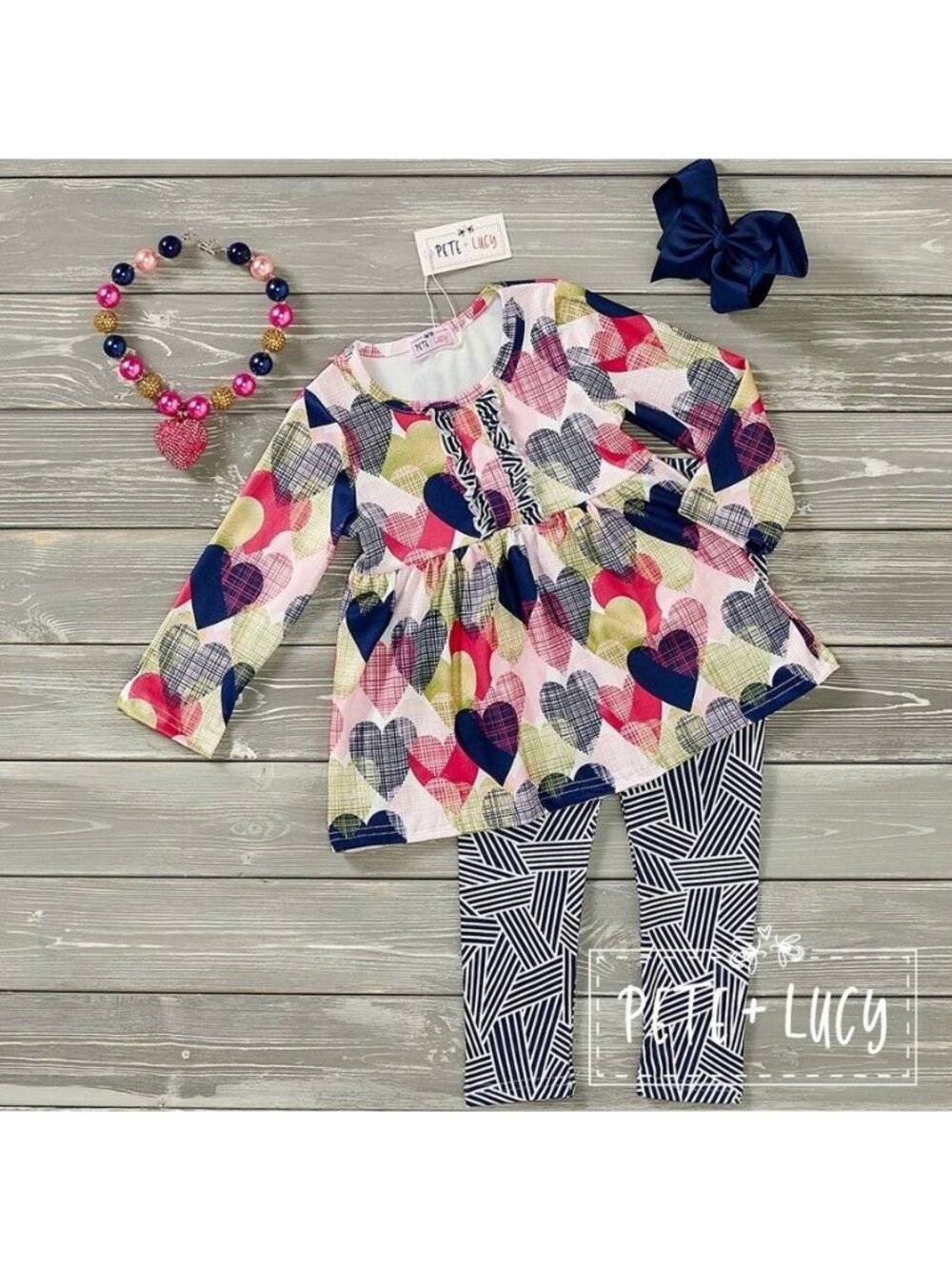 Pete + Lucy Girls Pants Set 6/6X Geo Hearts Red Blue Ruffles Valentines New